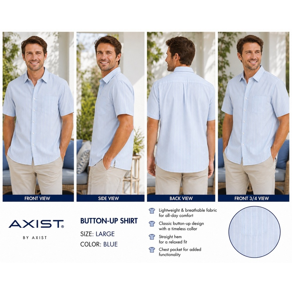 NWOT AXIST Mens L Blue Striped Short Sleeve Button Up Shirt Soft Casual 1818